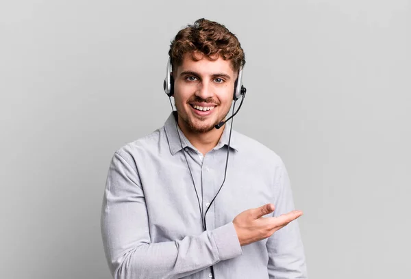 Young Adult Caucasian Man Smiling Cheerfully Feeling Happy Showing Concept — Stock Photo, Image