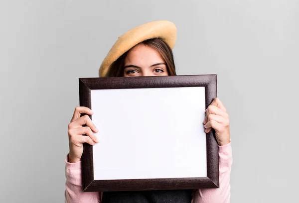Young Pretty Woman Empty Picture Frame Copy Space — Stockfoto