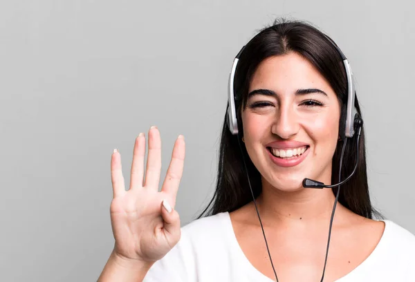 Smiling Looking Friendly Showing Number Four Telemarketer Concept — Fotografia de Stock