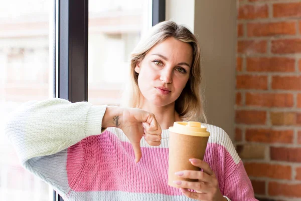 Pretty Young Woman Hot Coffee Drink House Interior Design — Stock Photo, Image