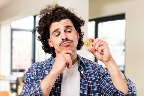 Young Handsome Man Bitcoin Coin Home Interior — Stock Photo, Image