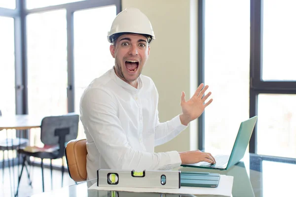 Young Handsome Man Feeling Happy Astonished Something Unbelievable Architect Concept — Stock Photo, Image