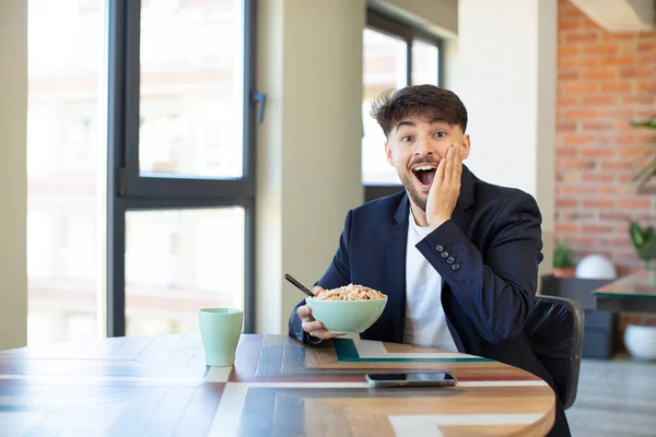 Young Handsome Man Feeling Happy Astonished Something Unbelievable Breakfast Concept — Stock Photo, Image