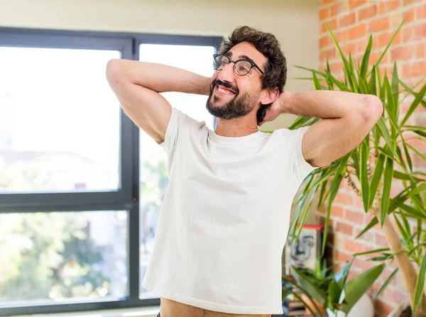Young Adult Crazy Man Expressive Pose Modern House Interior — Stockfoto