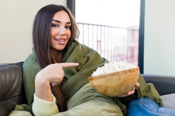 Young Pretty Woman Eating Popcorns Sitting Couch Home — Fotografia de Stock