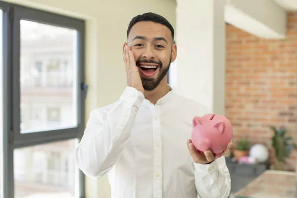 Young Adult Man Feeling Happy Astonished Something Unbelievable Piggybank Concept — Stock Photo, Image
