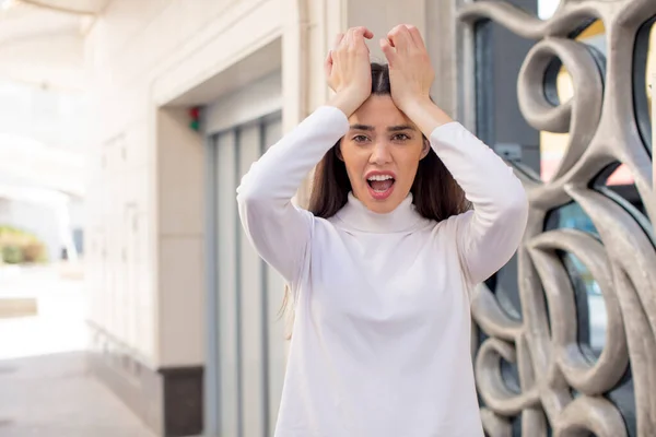 Pretty Young Adult Woman Panicking Forgotten Deadline Feeling Stressed Having — Stockfoto