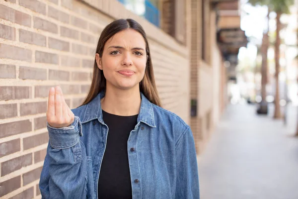 Young Pretty Woman Making Capice Money Gesture Telling You Pay — Stock Photo, Image