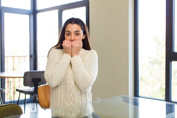 Pretty Caucasian Woman Looking Worried Anxious Stressed Afraid Biting Fingernails — Stok fotoğraf