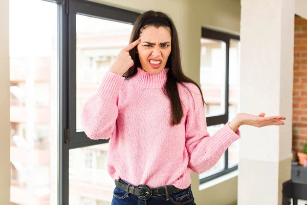Pretty Caucasian Woman Feeling Confused Puzzled Showing You Insane Crazy — Stockfoto