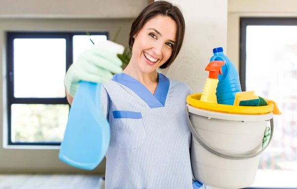 Young Adult Pretty Housekeeper Woman Clean Products House Interior — Stockfoto