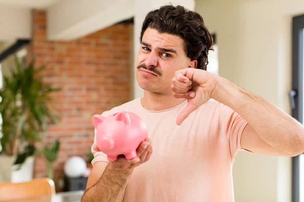 Young Handsome Man Piggy Bank Savings Concept Home Interior — Stock Photo, Image