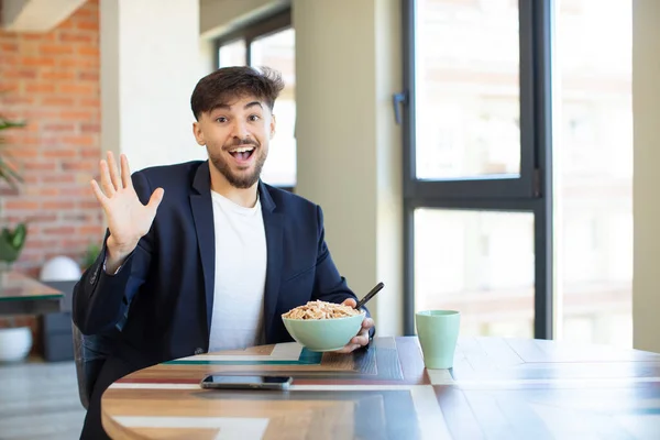 Young Handsome Man Feeling Happy Astonished Something Unbelievable Breakfast Concept — Stock Photo, Image