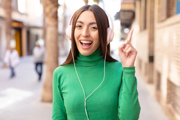 Feeling Happy Excited Genius Realizing Idea Listening Music Headphones — Stockfoto