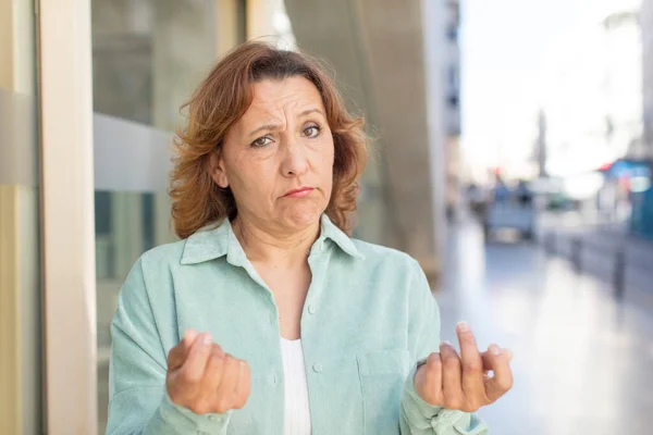 Middle Age Woman Feeling Sad Stressed Money Gesture Negative Anxious — Stock Photo, Image