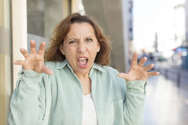 Middle Age Woman Screaming Panic Anger Shocked Terrified Furious Hands — Stock Photo, Image