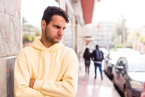 Young Hispanic Man Feeling Displeased Disappointed Looking Serious Annoyed Angry — ストック写真