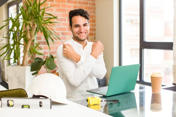 Young Hispanic Man Smiling Cheerfully Celebrating Fists Clenched Arms Crossed — Stock Photo, Image