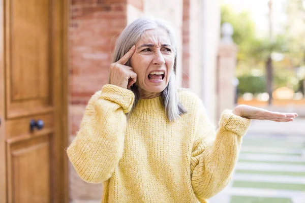 Senior Retired Pretty White Hair Woman Feeling Confused Puzzled Showing — Stock Photo, Image
