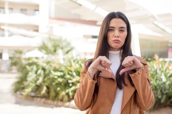 Pretty Young Adult Woman Looking Sad Disappointed Angry Showing Thumbs — Stockfoto