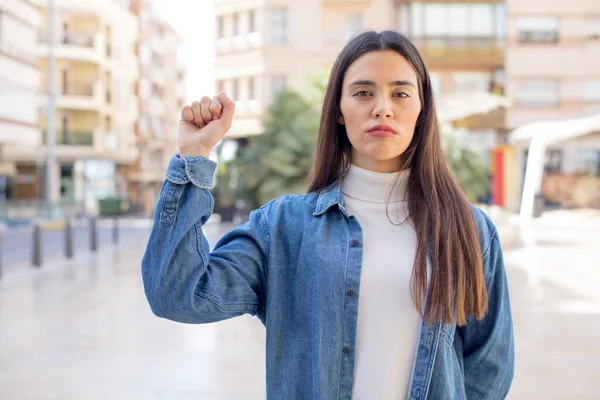 Pretty Young Adult Woman Feeling Serious Strong Rebellious Raising Fist — Foto Stock