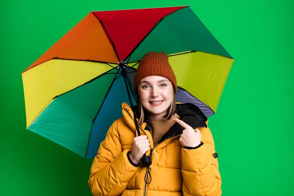 Young Pretty Woman Wearing Anorak Umbrella — Foto de Stock