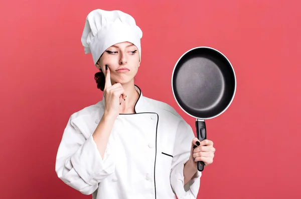Caucasian Pretty Blonde Woman Chef Frying Pan Concept — Fotografia de Stock