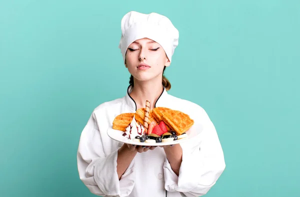 Caucasian Pretty Blonde Woman Chef Concept Waffles — Stok fotoğraf