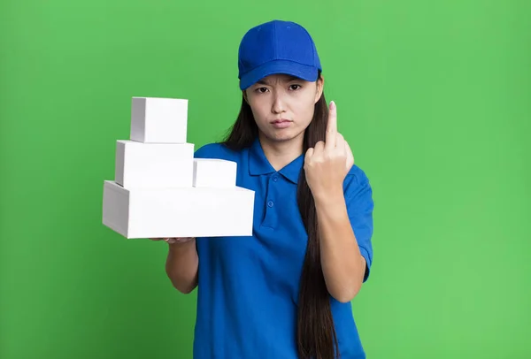 Pretty Asian Woman Feeling Angry Annoyed Rebellious Aggressive Delivery Packages — Stock Photo, Image