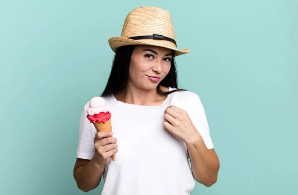 Hispanic Pretty Woman Looking Arrogant Successful Positive Proud Ice Cream — Stock Photo, Image