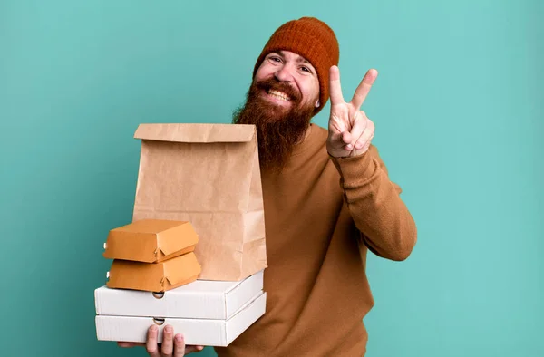 Long Beard Red Hair Cool Man Delivery Take Away Food — Stock Photo, Image