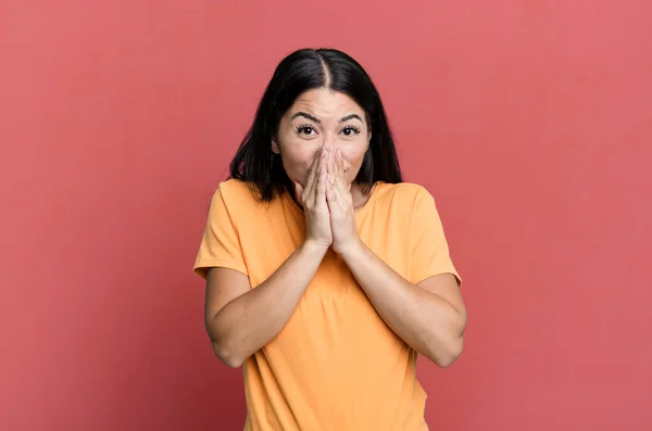 Pretty Latin Woman Feeling Worried Upset Scared Covering Mouth Hands — Stockfoto