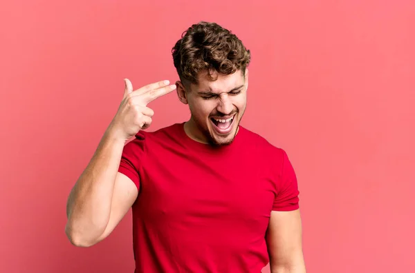Young Adult Caucasian Man Looking Unhappy Stressed Suicide Gesture Making — Foto Stock