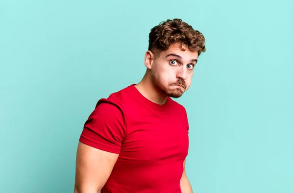 Young Adult Caucasian Man Goofy Crazy Surprised Expression Puffing Cheeks — Fotografia de Stock