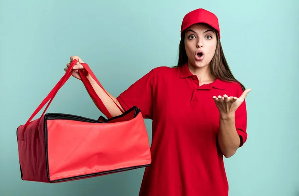 Young Pretty Woman Feeling Extremely Shocked Surprised Pizza Delivery Concept — Stok fotoğraf