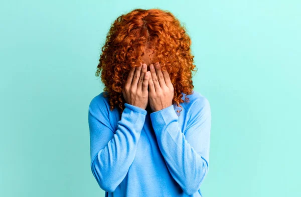 Redhair Pretty Woman Feeling Sad Frustrated Nervous Depressed Covering Face — ストック写真