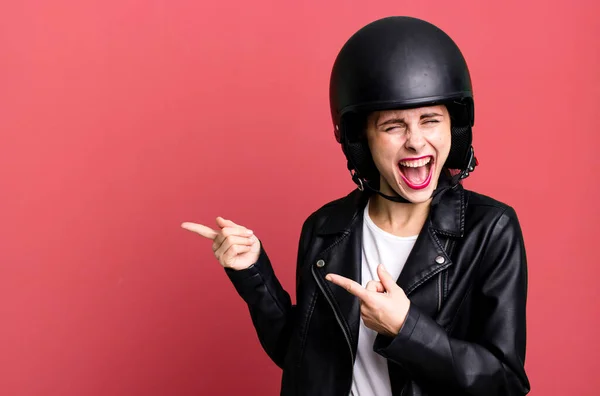 Young Adult Pretty Woman Motorbike Rider Leather Jacket Helmet — Fotografia de Stock