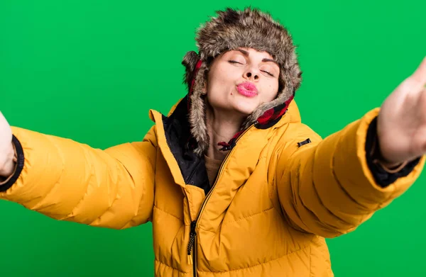 Young Adult Pretty Woman Wearing Anorak Winter Hat — Stock Photo, Image