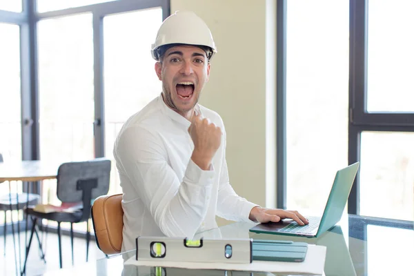 Young Handsome Man Feeling Shocked Laughing Celebrating Success Architect Concept — Stock Photo, Image