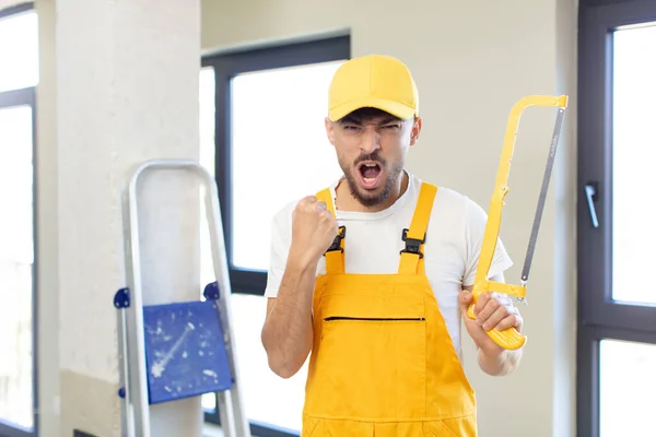 Young Handsome Man Looking Angry Annoyed Frustrated Handyman Saw — Stock Photo, Image