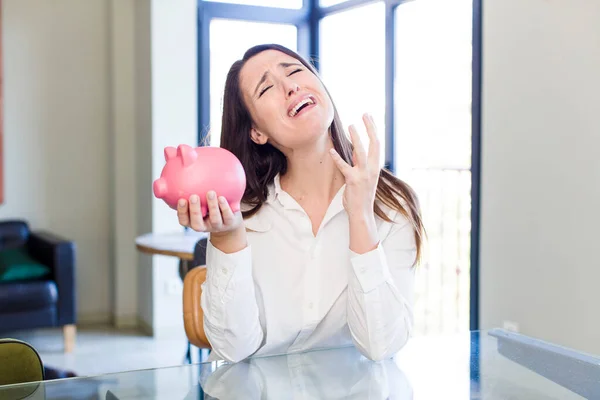 Young Adult Pretty Woman Piggy Bank Money Savings Concept — Zdjęcie stockowe