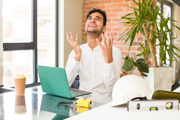 Young Hispanic Man Looking Desperate Frustrated Stressed Unhappy Annoyed Shouting — Stock Photo, Image