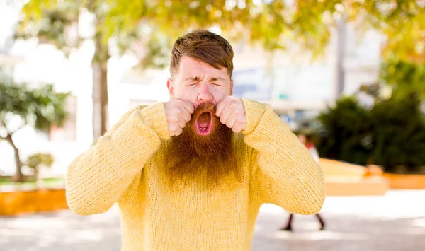 Red Hair Bearded Man Looking Desperate Frustrated Stressed Unhappy Annoyed — Stock Photo, Image