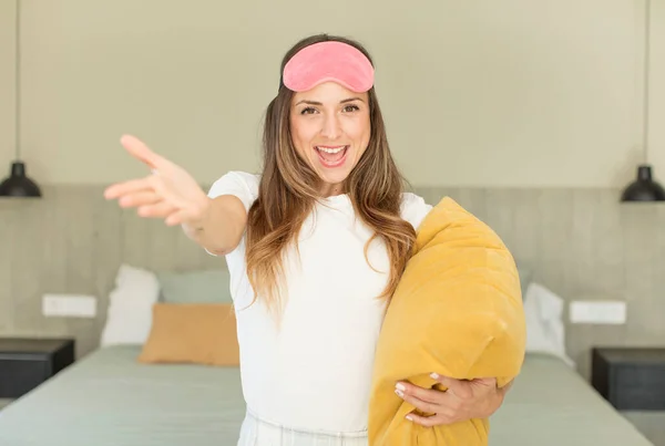 Pretty Woman Smiling Happily Offering Showing Concept Nightwear Concept — Stock Photo, Image