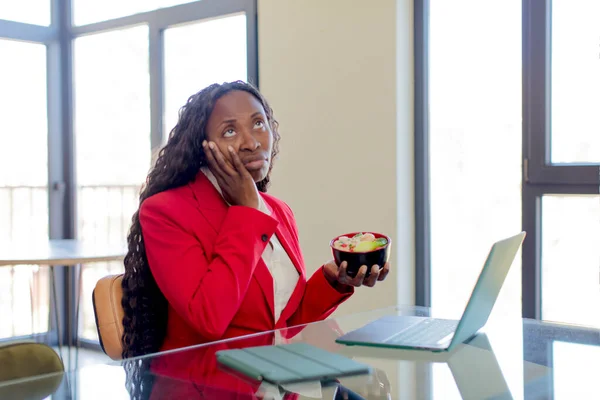 Black Afro Woman Feeling Bored Frustrated Sleepy Tiresome Telecommuting Concept — Stock Photo, Image
