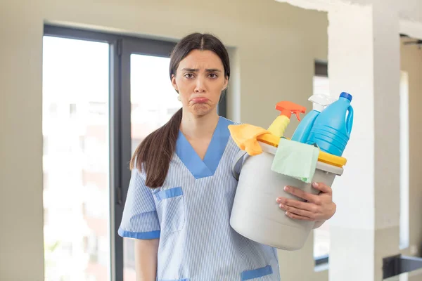 Pretty Young Model Feeling Sad Whiney Unhappy Look Crying Housekeeper — Stock Photo, Image