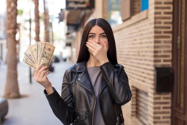 Pretty Young Woman Covering Mouth Hand Shocked Surprised Expression Dollar — Stock Photo, Image