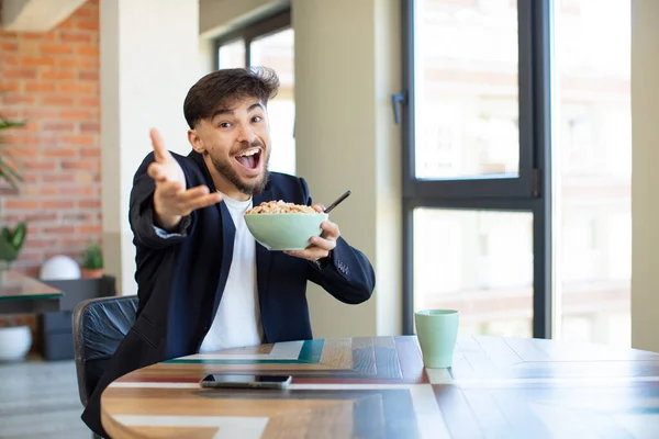 Young Handsome Man Smiling Happily Offering Showing Concept Breakfast Concept — Stock Photo, Image