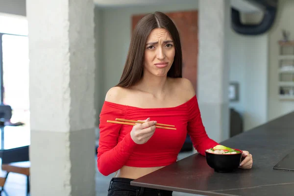 Feeling Sad Whiney Unhappy Look Crying Ramen Noodles Bar Concept — Stock Photo, Image