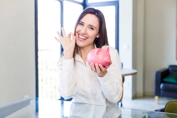 Young Adult Pretty Woman Piggy Bank Money Savings Concept — Foto de Stock